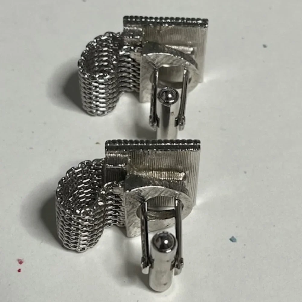 VTG Silver Tone Mesh Wrap Square Frame Flip Cufflinks Retro Gift